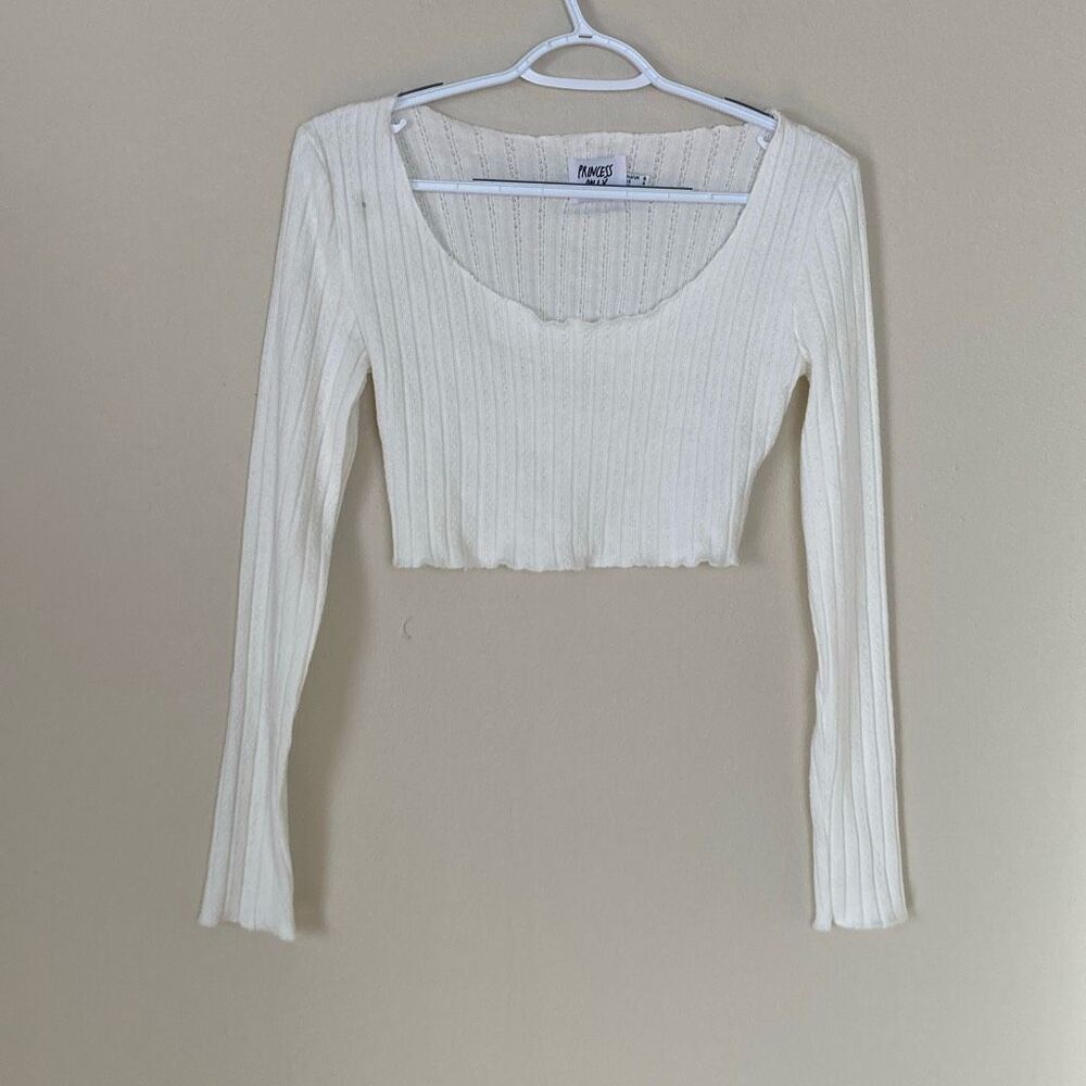 Princess Polly White Ribbed Pointelle Long Sleeve Crop Top Scoop Neck Size 4